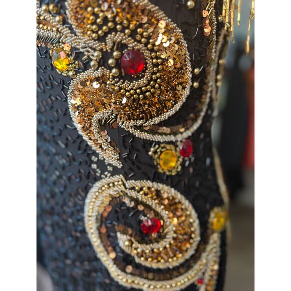 Vintage Ornate Fringe Beaded Cocktail Black Gold Embellished Party Dress Size 4 - Picture 11 of 16